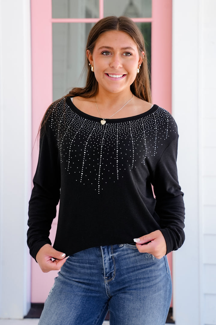 Black Long Sleeve Pullover Top with Rhinestone Detail
