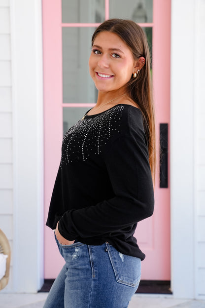 Black Long Sleeve Pullover Top with Rhinestone Detail