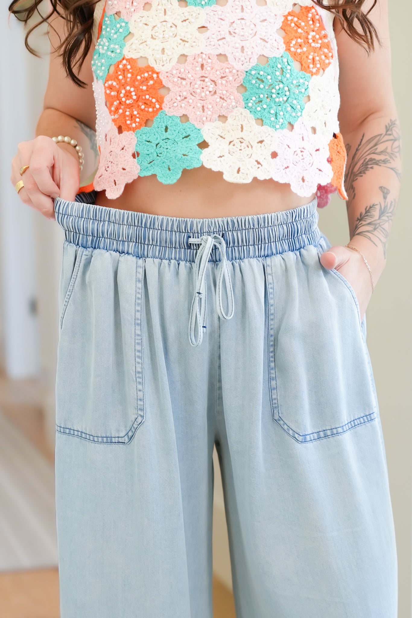 Light Wash Elastic Waist Palazzo Pants