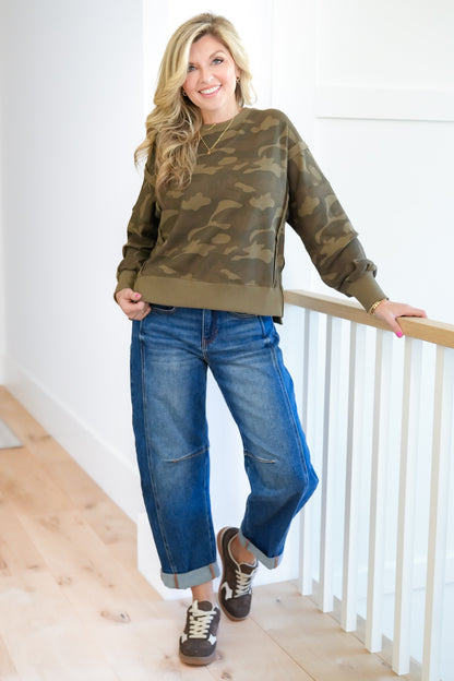 Camo Print Thermal Knit Long Sleeve Top with Reverse Seams