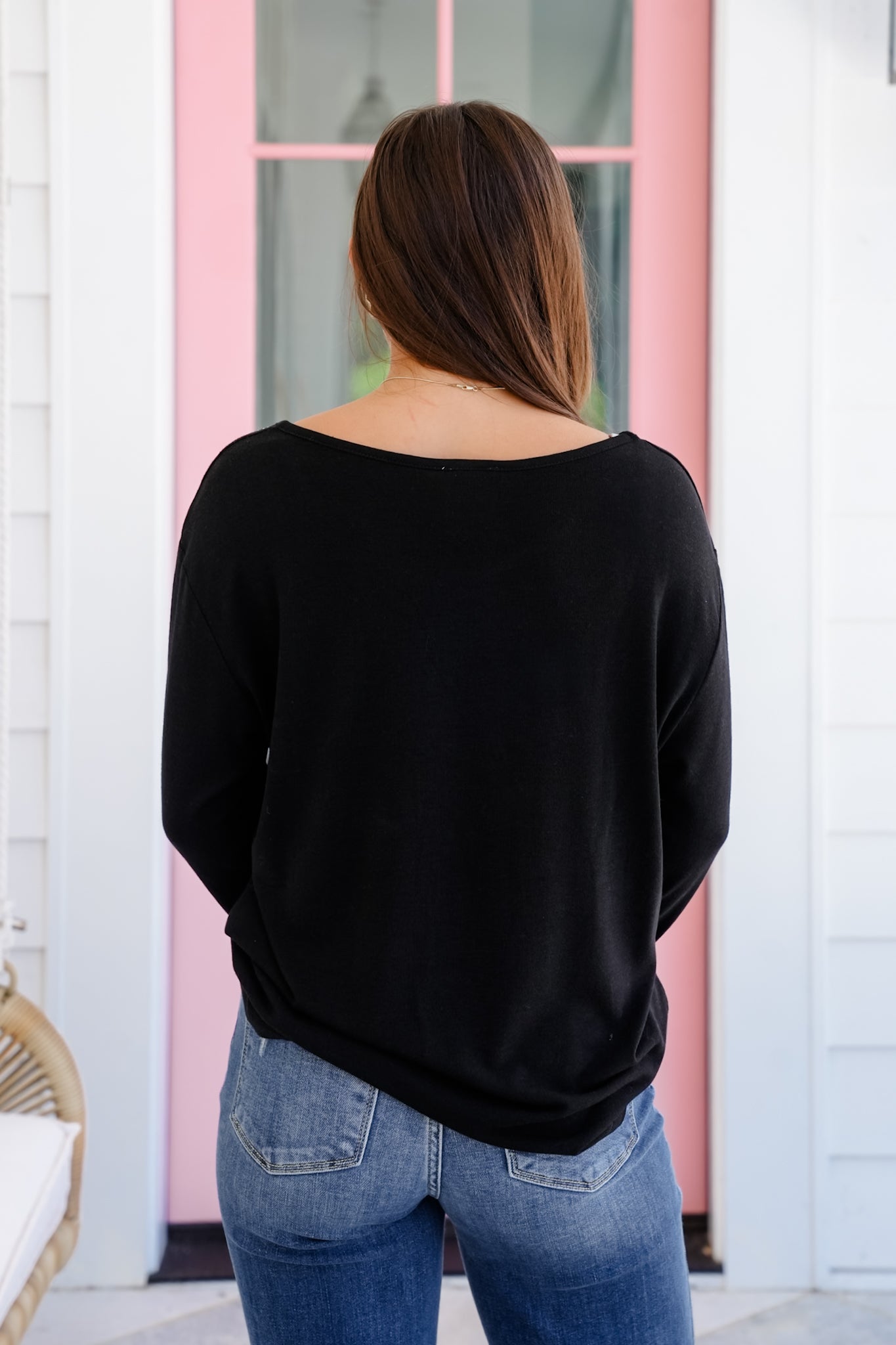 Black Long Sleeve Pullover Top with Rhinestone Detail