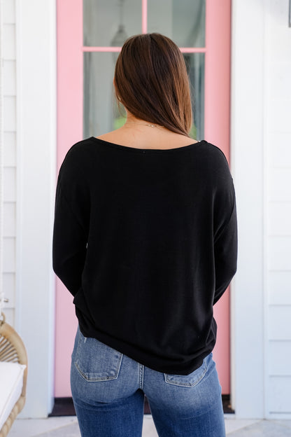 Black Long Sleeve Pullover Top with Rhinestone Detail