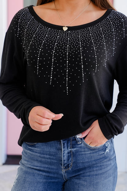 Black Long Sleeve Pullover Top with Rhinestone Detail