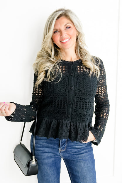 Knit Long Sleeve Button Down Cardigan with Lace Ruffle