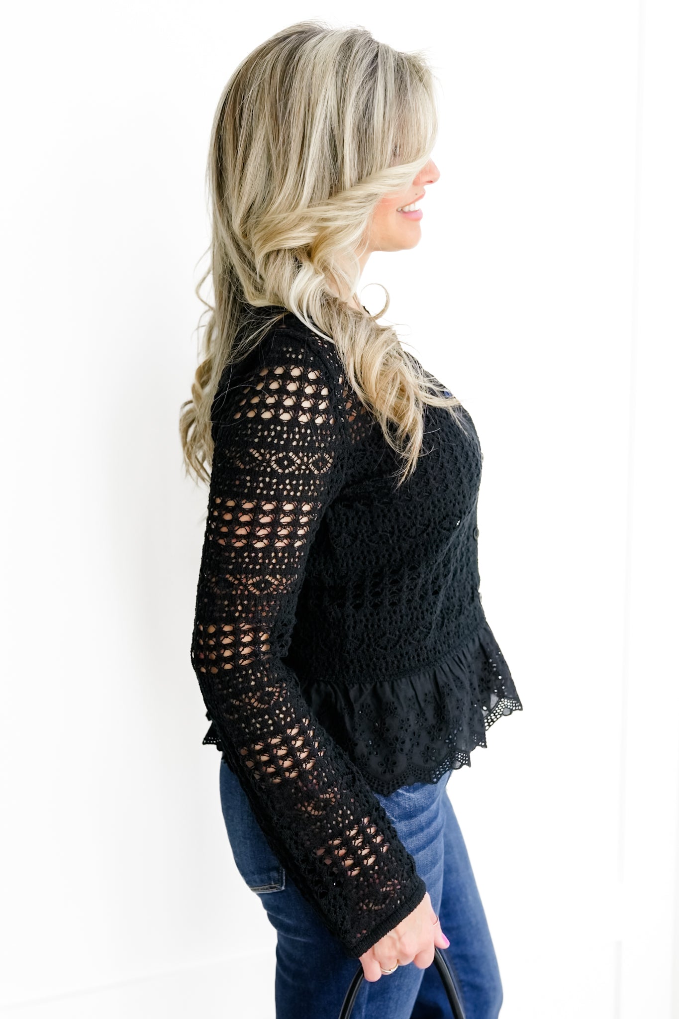 Knit Long Sleeve Button Down Cardigan with Lace Ruffle