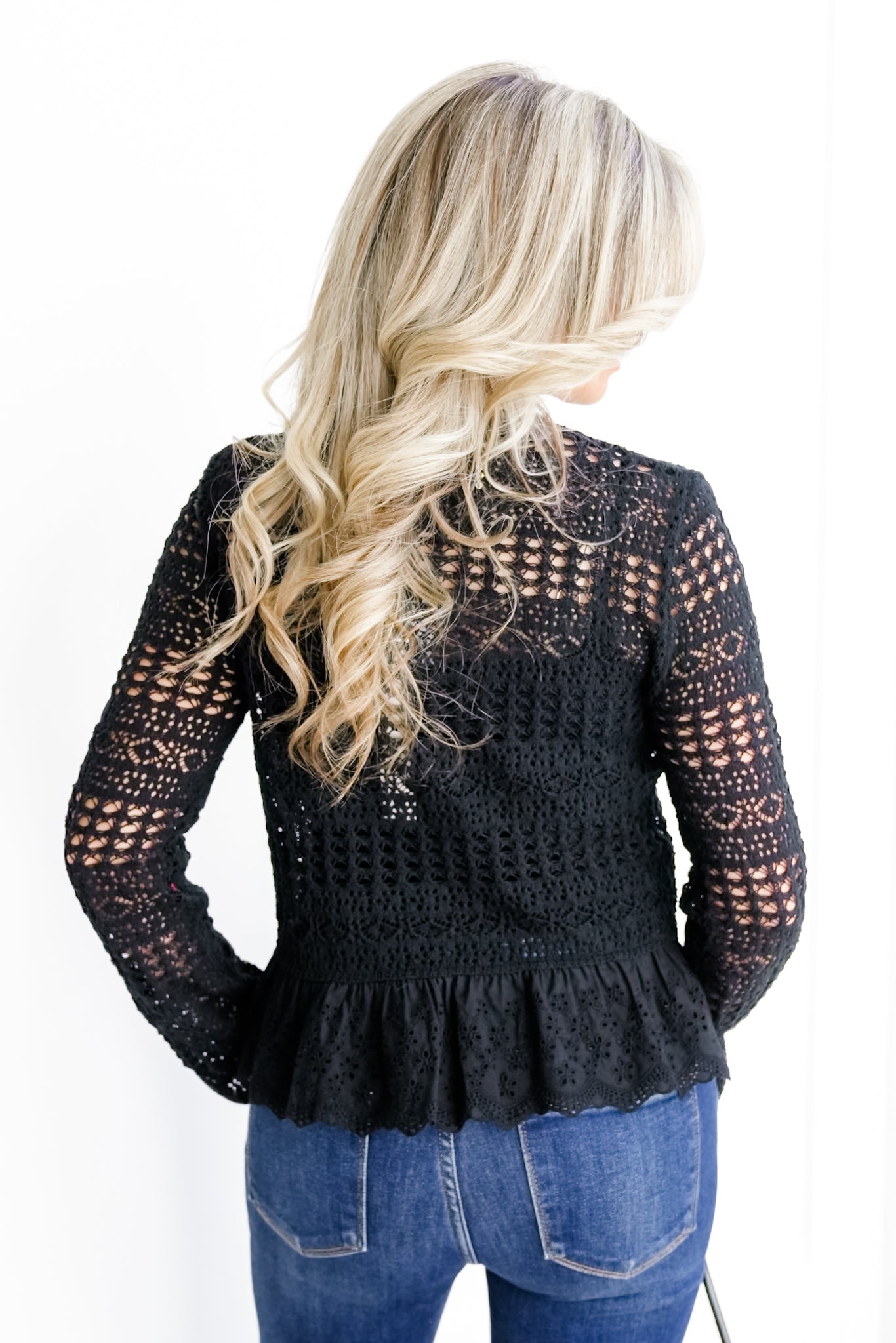 Knit Long Sleeve Button Down Cardigan with Lace Ruffle