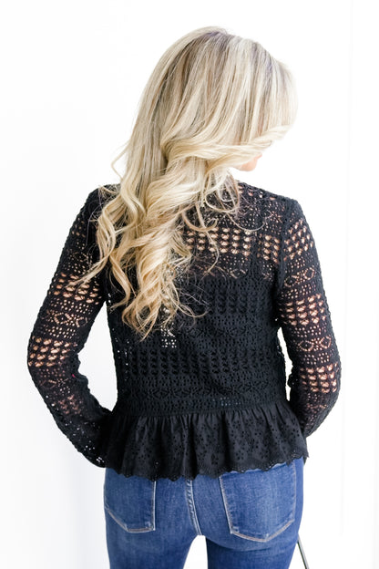 Knit Long Sleeve Button Down Cardigan with Lace Ruffle