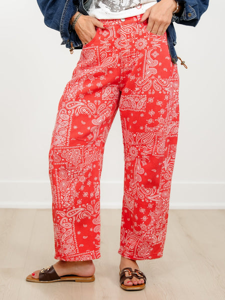 Restock! Plus/Reg Red Bandana Print Barrel Pants – Freckled Poppy