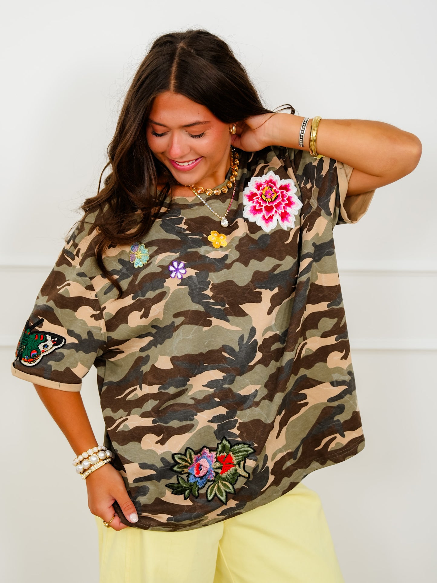 Camo Pattern Short Sleeve Top with Floral Patchwork