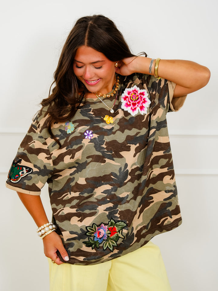 Restock! Camo Pattern Short Sleeve Top with Floral Patchwork