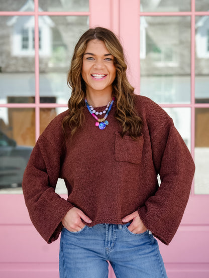 POL Solid Long Sleeve Cropped Knit Sweater