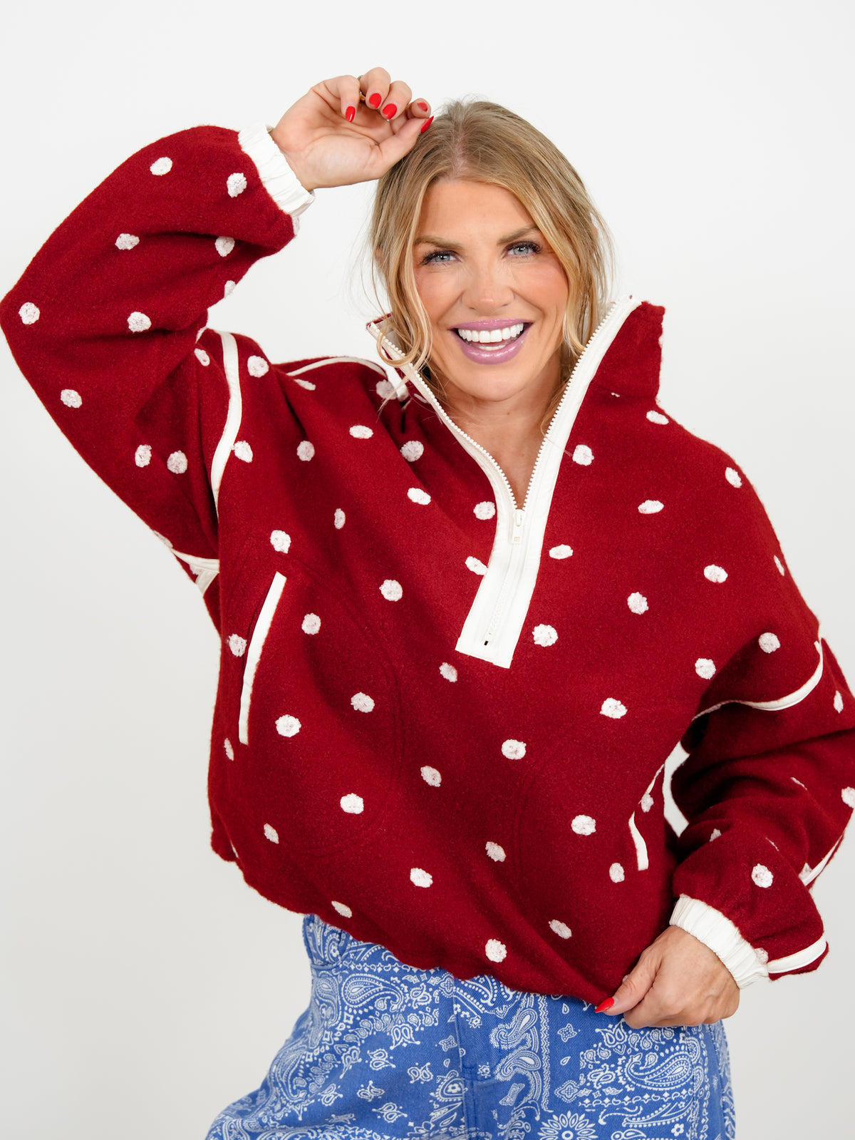Plus/Reg Polka Dot Half Zip Up Fleece Pullover
