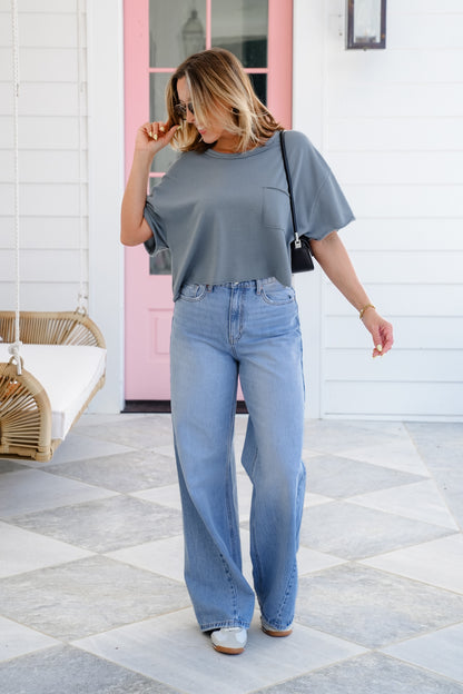 Short Sleeve Cropped Top with Raw Hem Detail