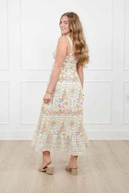 Floral Print Sleeveless Front Tie Midi Dress