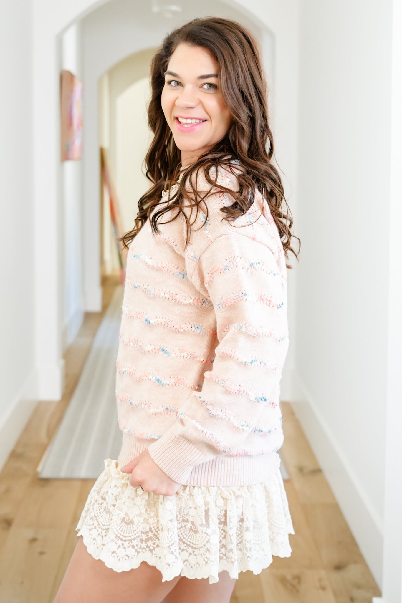 Popcorn Stripe Long Sleeve Round Neck Sweater