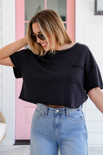 Short Sleeve Cropped Top with Raw Hem Detail