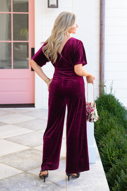 Velvet Short Sleeve Surplice Neck Jumpsuit