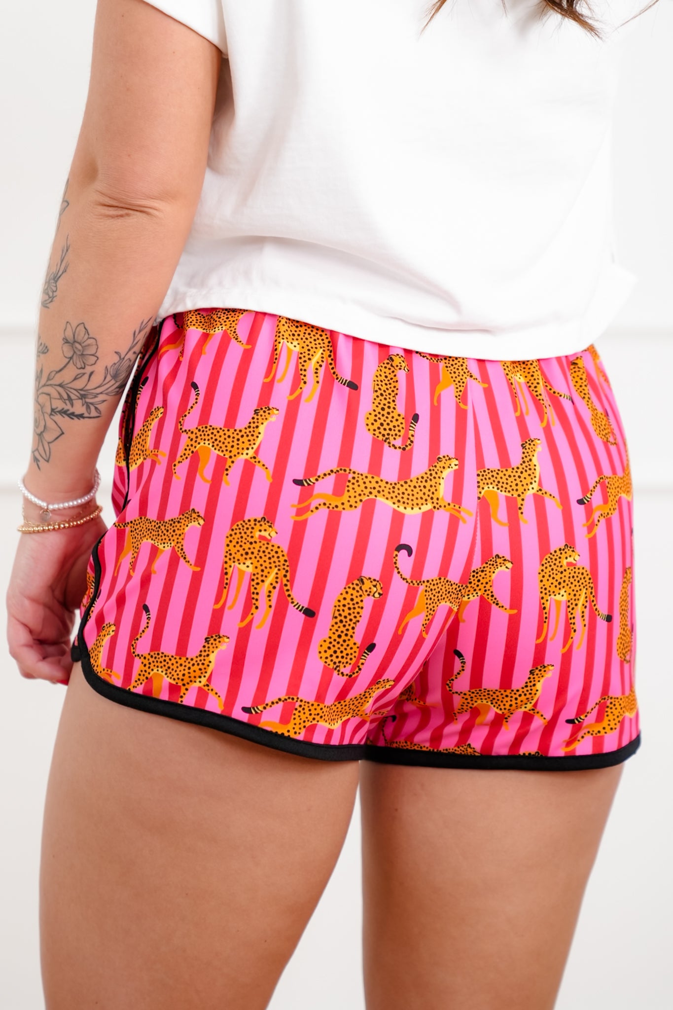 Plus/Reg Stripe Leopard Print Elastic Waist Shorts