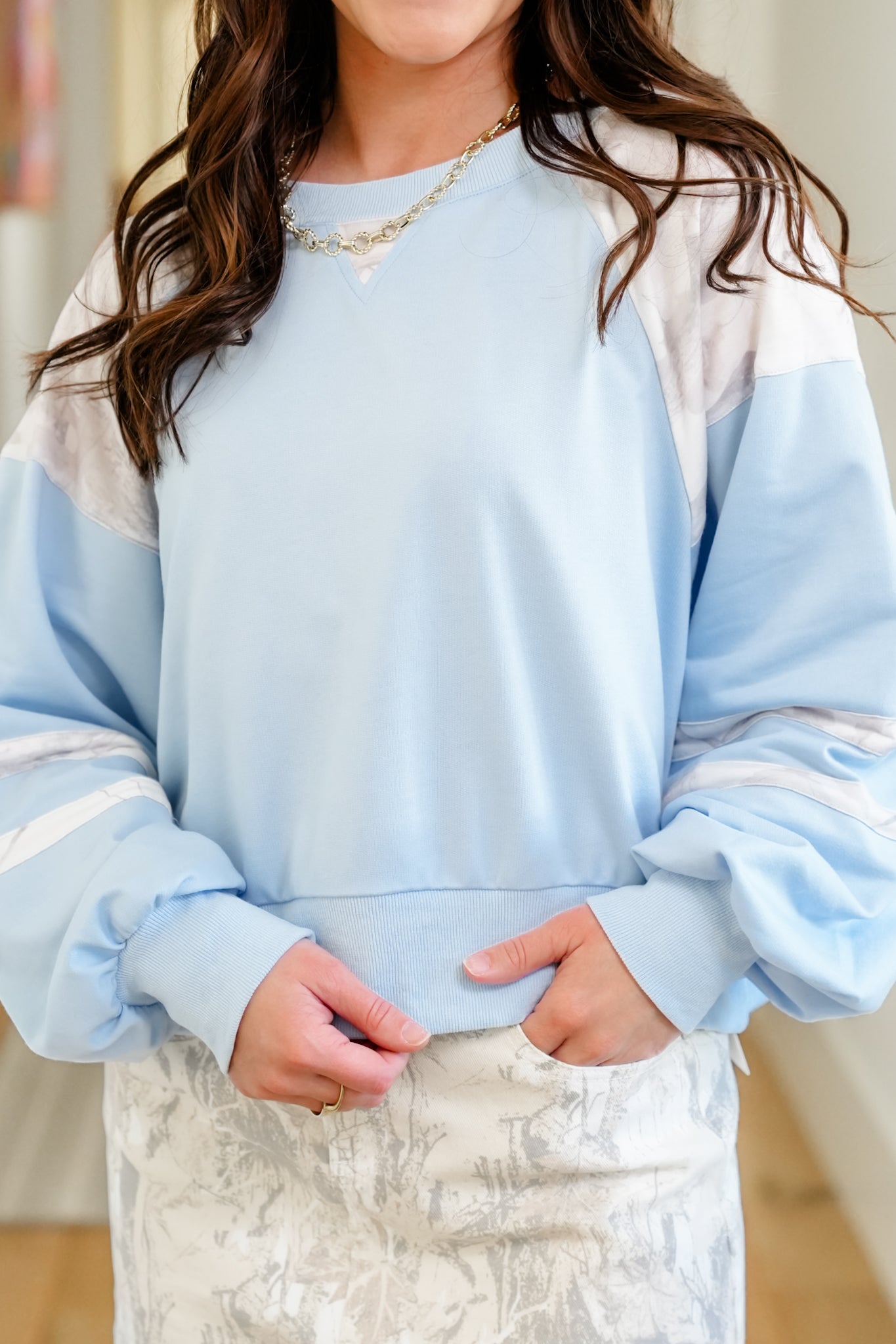 Plus/Reg Long Sleeve Pullover Sweatshirt with Camo Accents