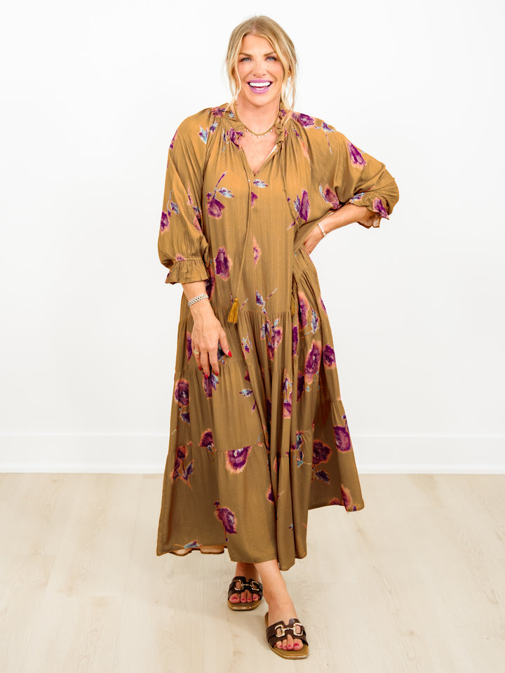 Floral Print 3/4 Sleeve Midi Dress - Freckled Poppy