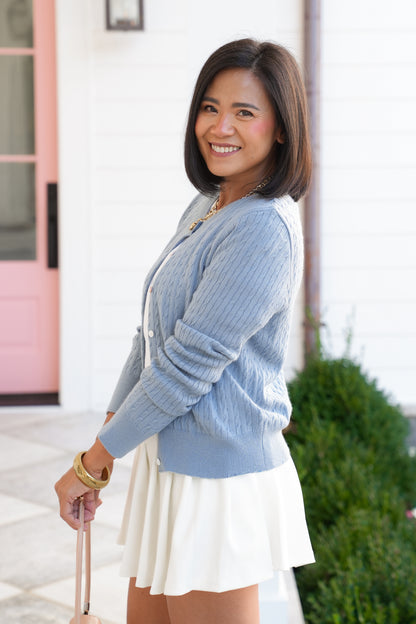 Blue Cable Knit Long Sleeve Button Down Cardigan
