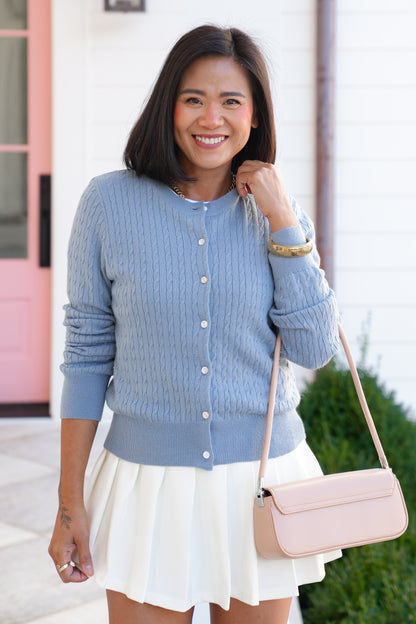 Blue Cable Knit Long Sleeve Button Down Cardigan