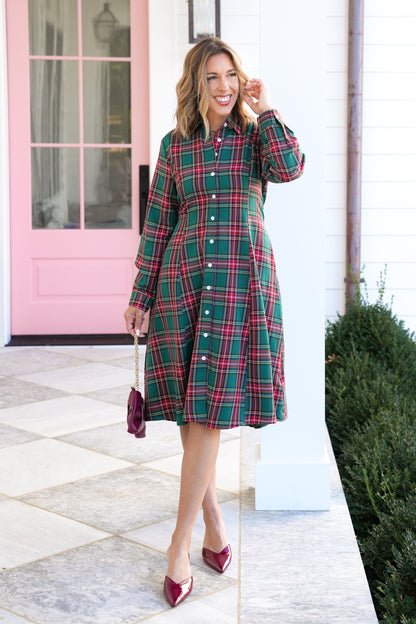 Plus/Reg Plaid Long Sleeve Button Down Midi Dress