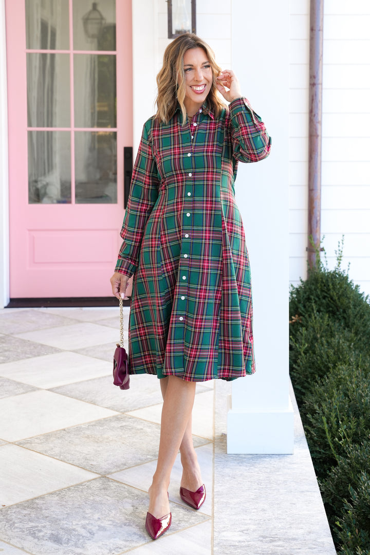 Plus/Reg Plaid Long Sleeve Button Down Midi Dress