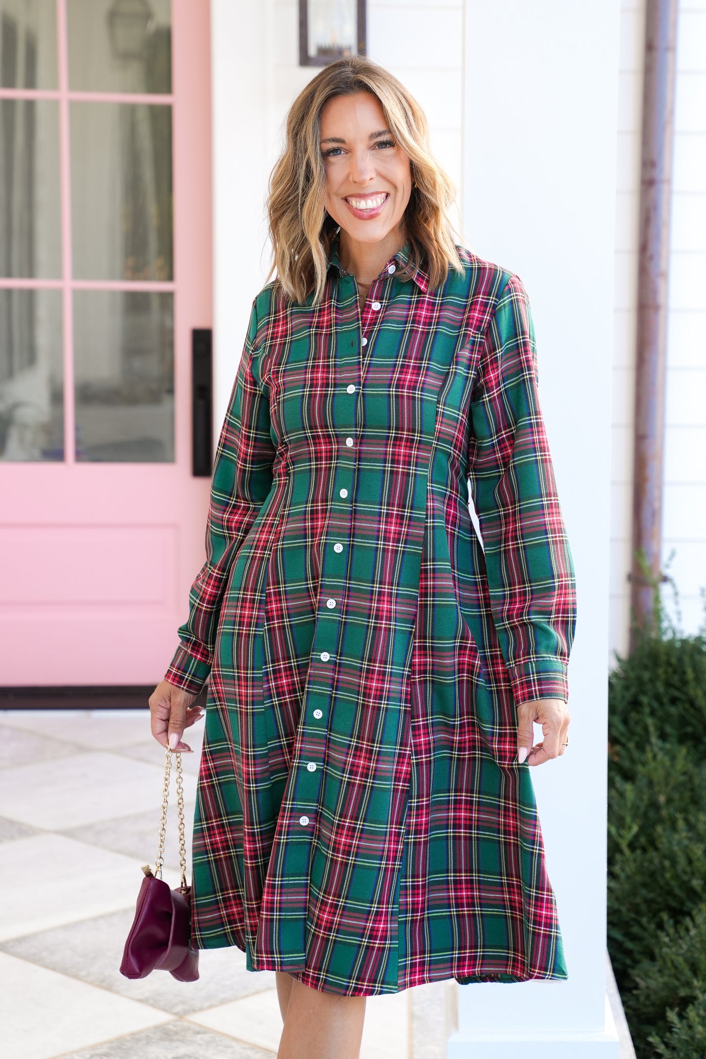 Plus/Reg Plaid Long Sleeve Button Down Midi Dress