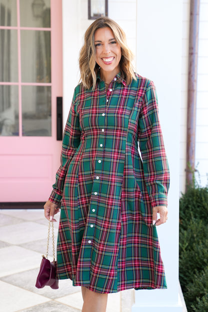 Plus/Reg Plaid Long Sleeve Button Down Midi Dress
