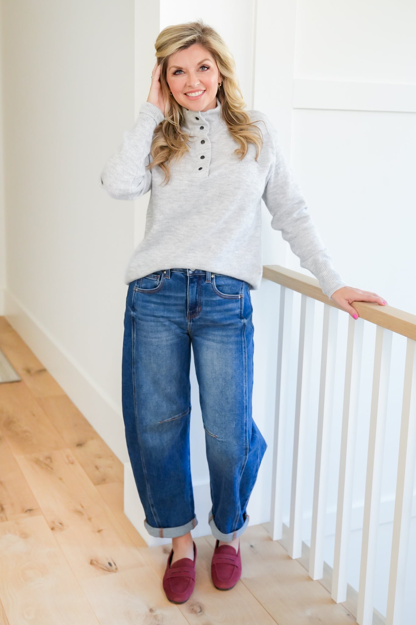 Grey Long Sleeve Half Button Up Pullover Sweater