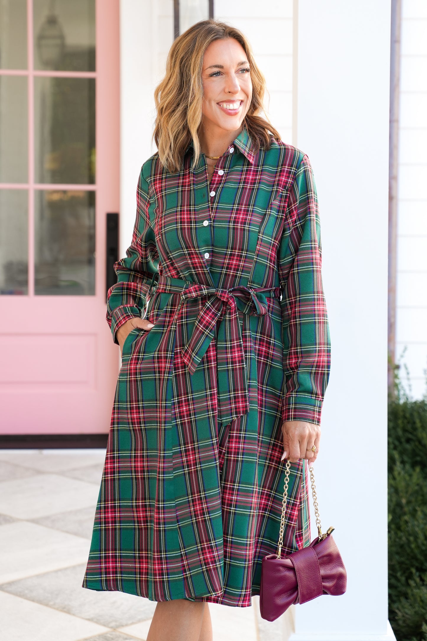 Plus/Reg Plaid Long Sleeve Button Down Midi Dress