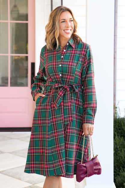 Plus/Reg Plaid Long Sleeve Button Down Midi Dress
