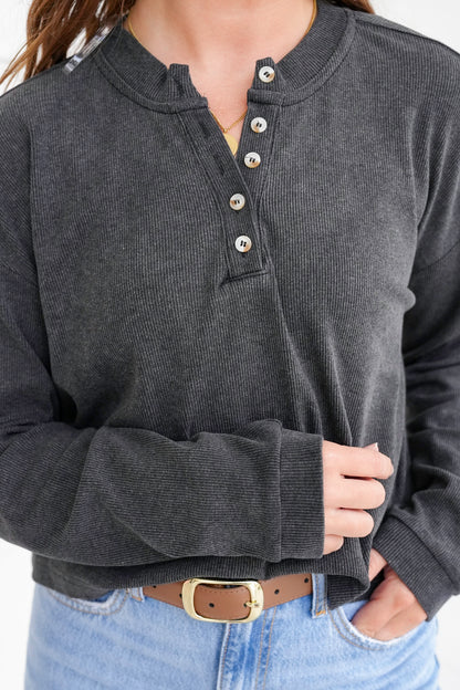 Ribbed Long Sleeve Button Up Henley Top