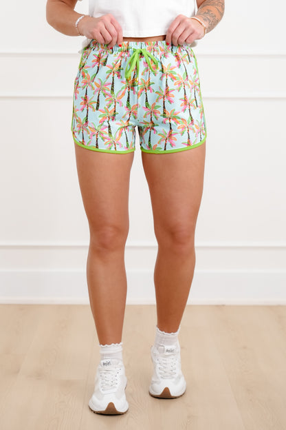 Plus/Reg Palm Tree Print Elastic Waist Shorts