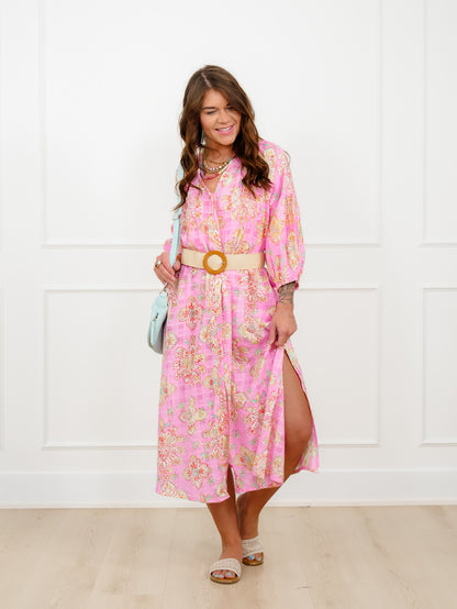 POL Floral Print Half Puff Sleeve Button Down Midi Dress