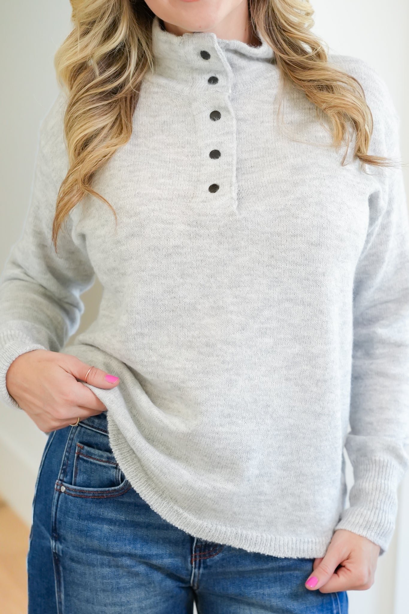 Grey Long Sleeve Half Button Up Pullover Sweater