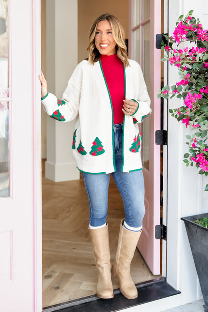 Long Sleeve Christmas Tree Pattern Open Front Cardigan