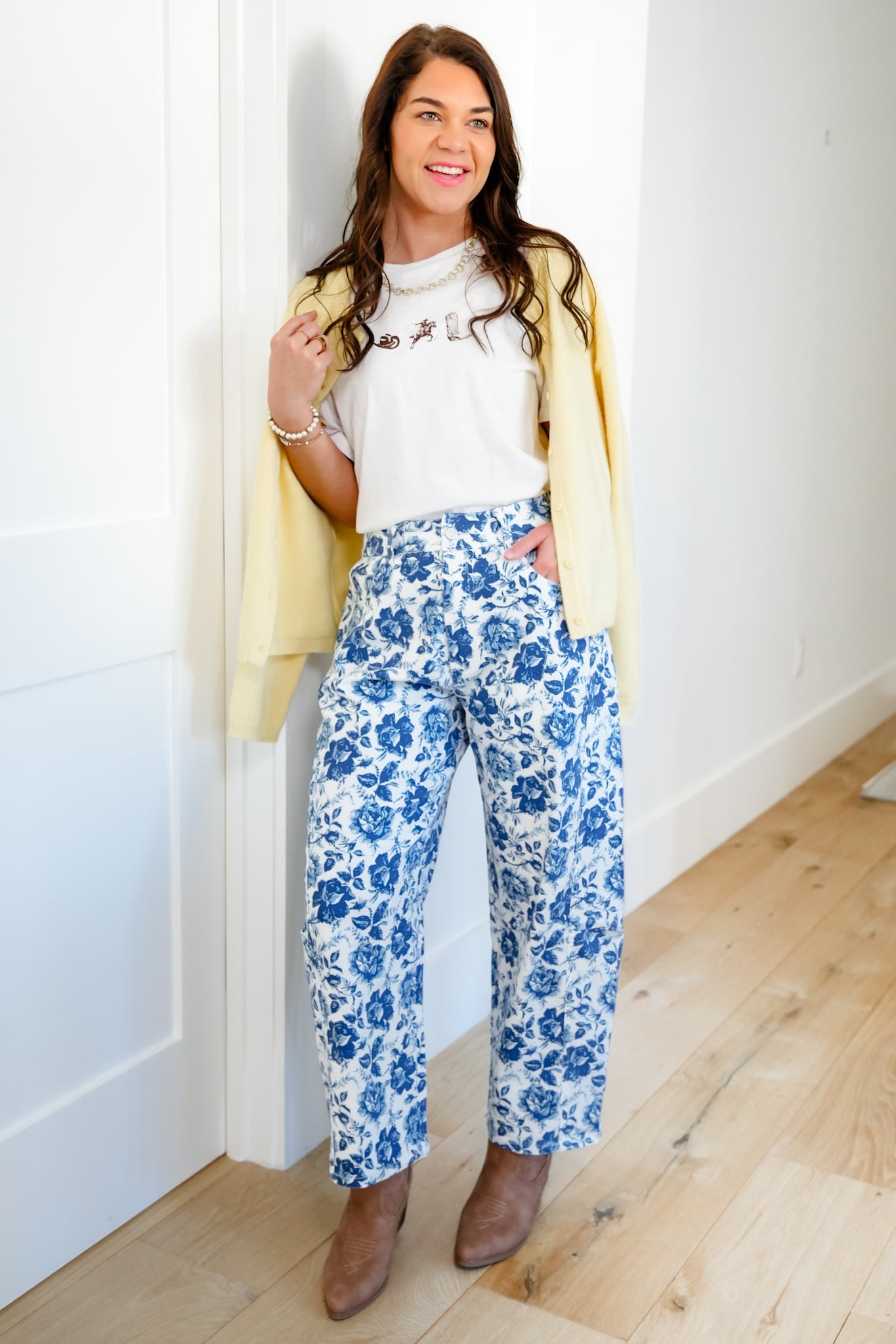 Blue Rose Print Twill Barrel Pants