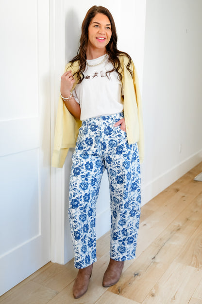 Blue Rose Print Twill Barrel Pants