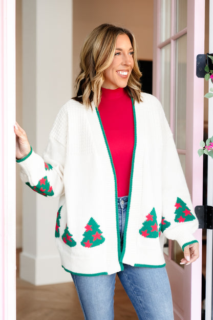 Long Sleeve Christmas Tree Pattern Open Front Cardigan