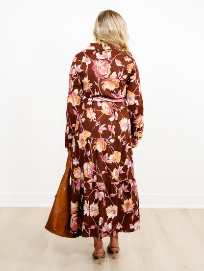 Plus/Reg Floral Long Sleeve Button Down Midi Dress - Freckled Poppy