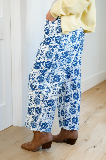 Blue Rose Print Twill Barrel Pants