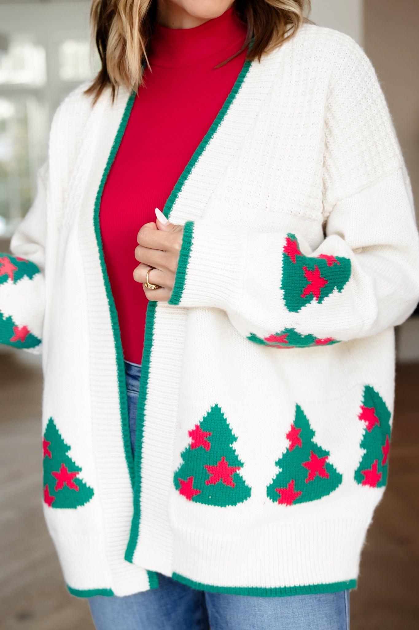 Long Sleeve Christmas Tree Pattern Open Front Cardigan