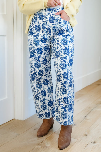 Blue Rose Print Twill Barrel Pants
