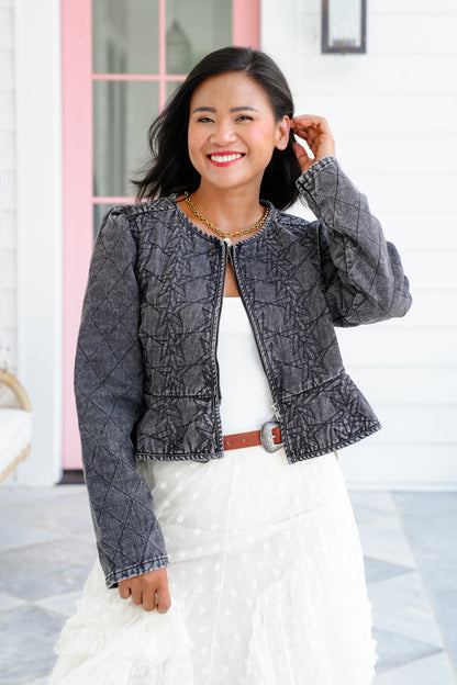 Quilted Peplum Zip Up Crop Jacket