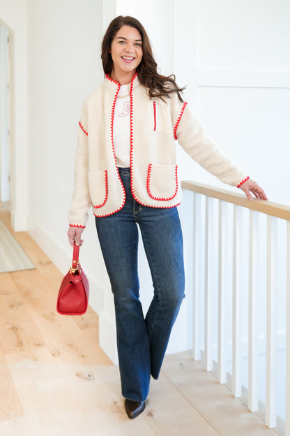 Sherpa Long Sleeve Open Front Jacket with Blanket Stitch Trim