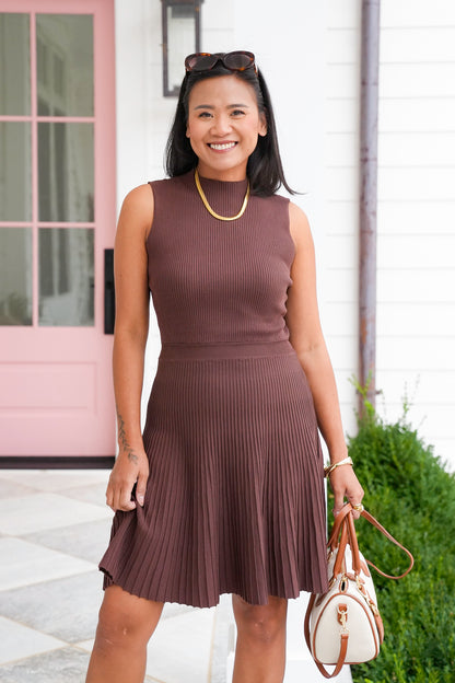 Sleeveless Mock Neck Pleated Mini Sweater Dress