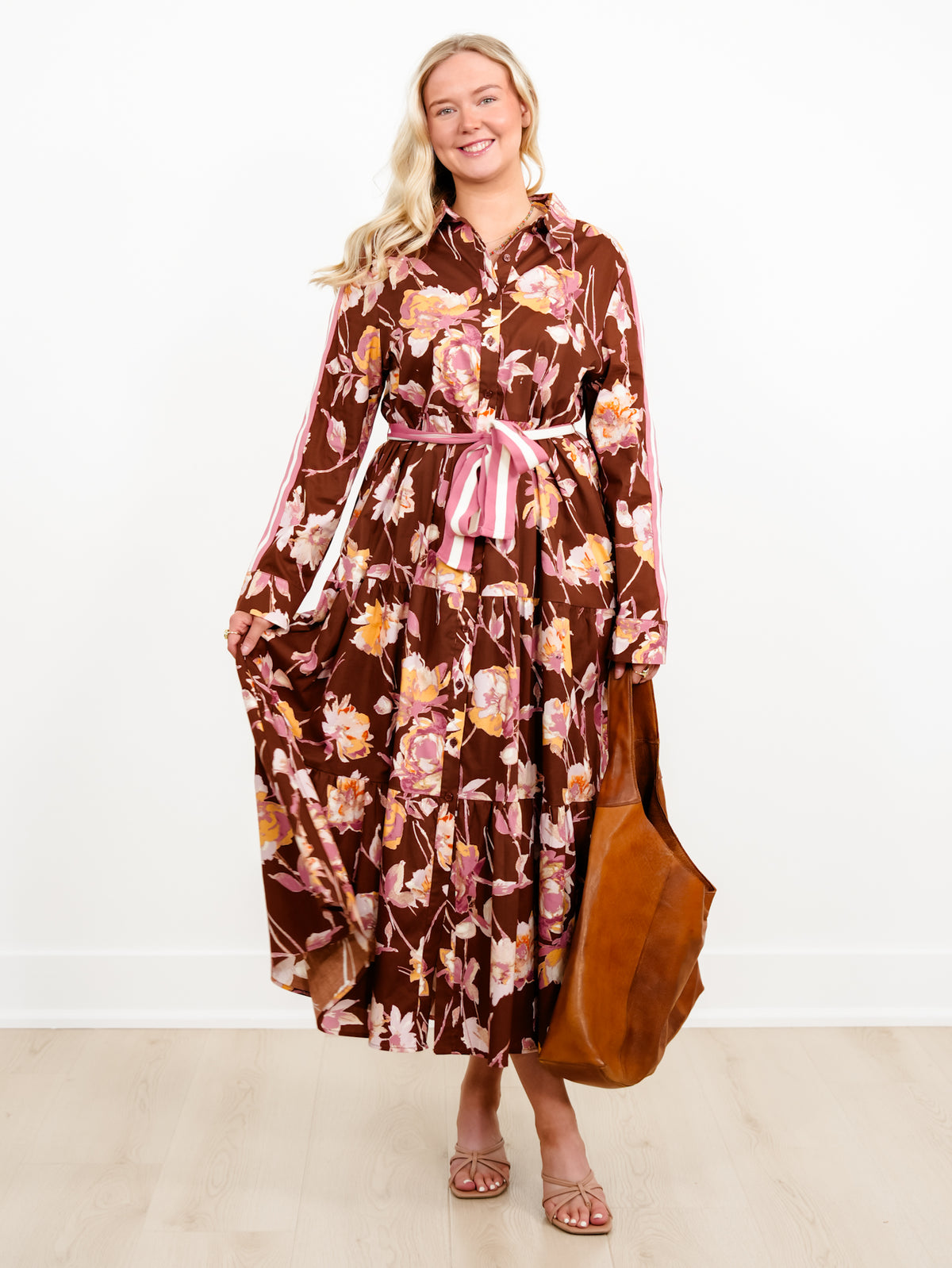 Plus/Reg Floral Long Sleeve Button Down Midi Dress - Freckled Poppy