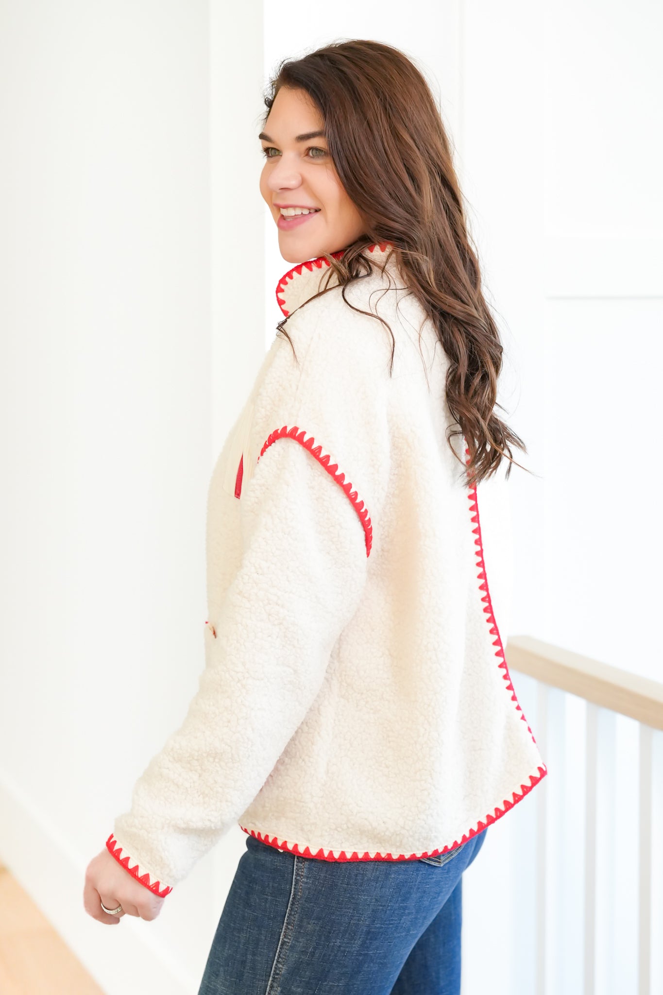 Sherpa Long Sleeve Open Front Jacket with Blanket Stitch Trim